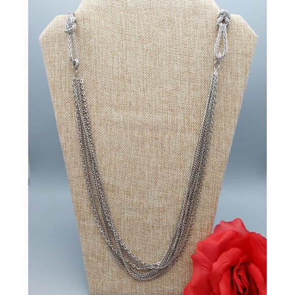 Silver Tone Pull Over Multi Chain Necklace Rhinestone Accents & Knots 34 Inch - Picture 1 of 10